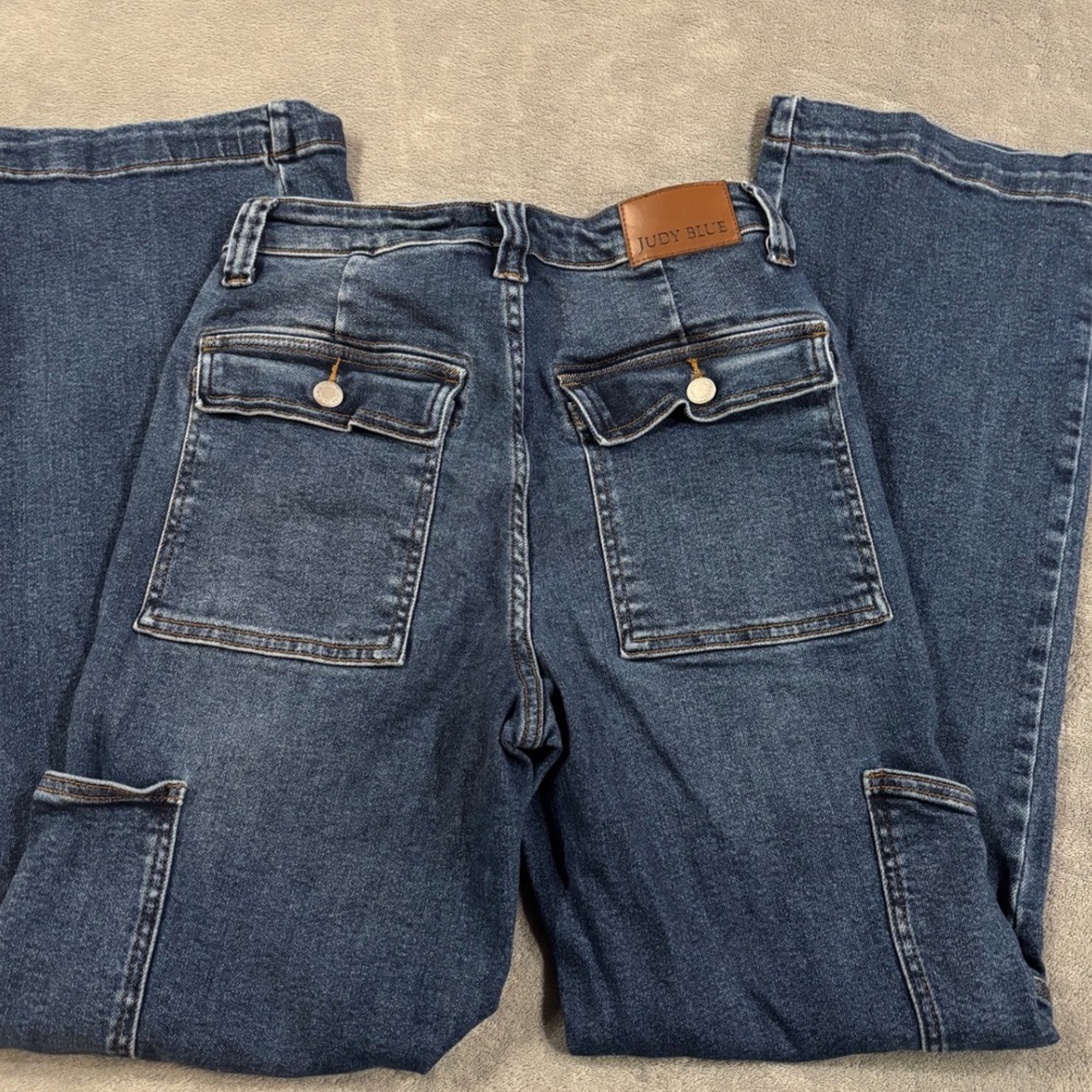 Judy Blue High Waist Wide Leg Cargo Jeans Medium Wash Utility Denim Size 5/27